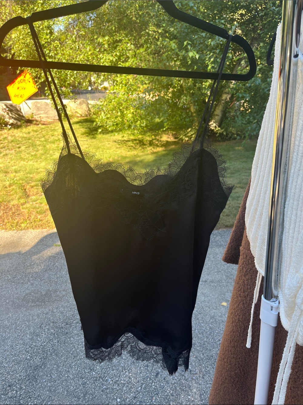 Mango Black Lace-Trim Silk Cami